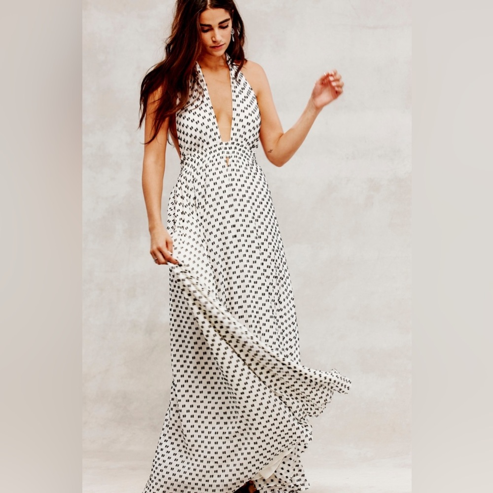 Vintage LoveShackFancy Long White Geometric Print Halter Dress Size SMALL